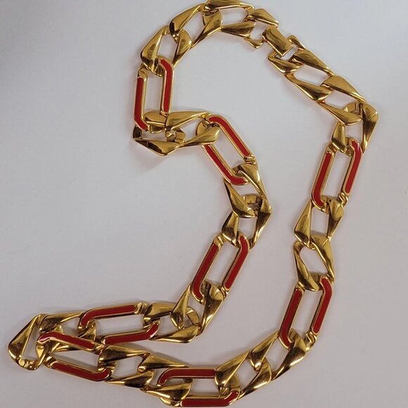 Monet Goldtone and Red Enamel Chain Necklace - Picture 2 of 8